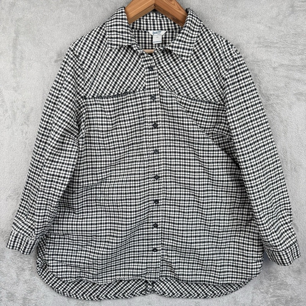 Duluth Shirt Womens 2X Black & White Plaid Button Up Cotton Poly Heavyweight